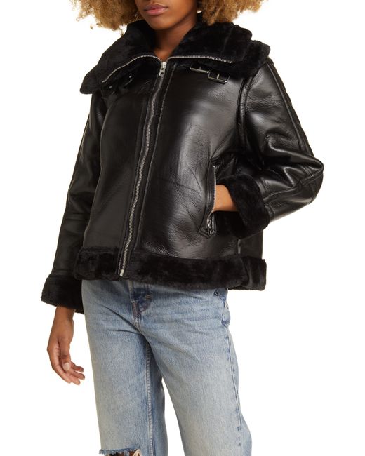 Faux Leather Aviator Jacket With Faux Fur Trim in Black Lyst