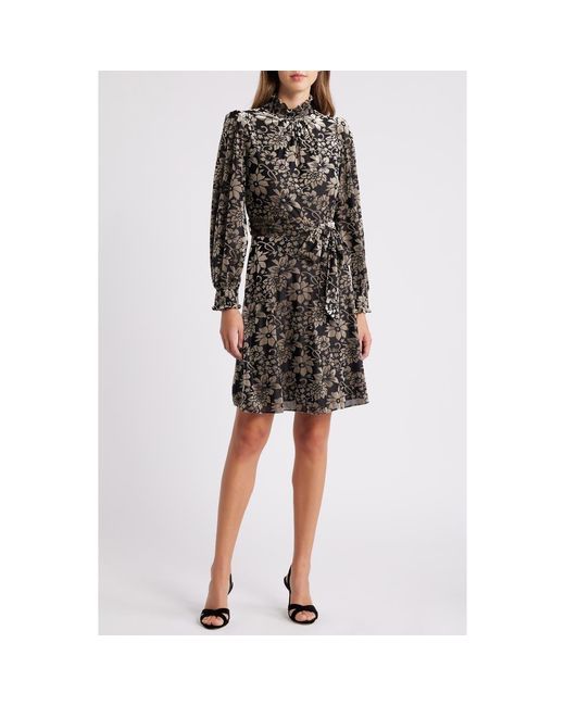 Eliza J Women's Black Floral Burnout Belted Long Sleeve Dress
