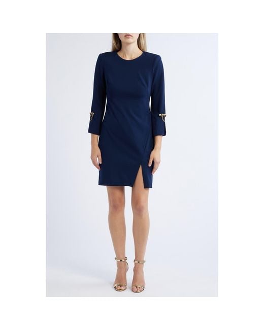 Vince Camuto Brooch Detail Long Sleeve Crepe Shift Dress in Blue | Lyst