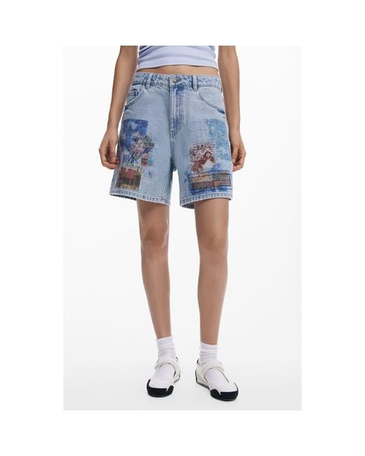 Desigual Blue Patchwork Pattern Denim Shorts