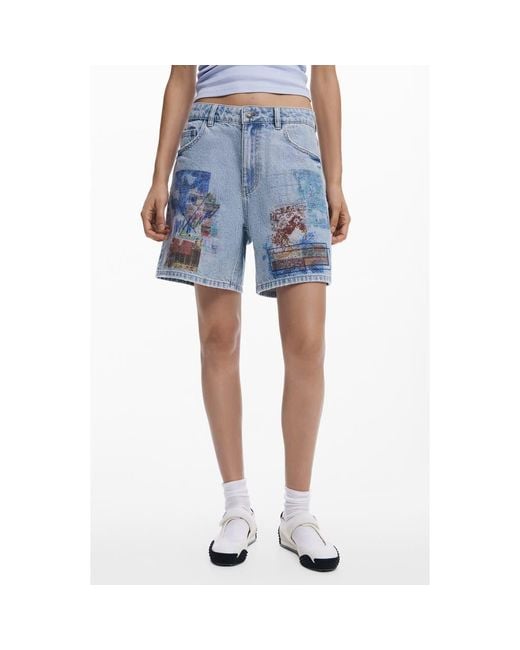 Desigual Blue Patchwork Pattern Denim Shorts