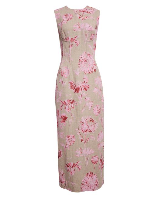 Lela Rose Multicolor Pressed Flower Print Linen Column Dress