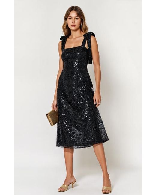 Modenaire Black Sequin Midi Dress With Tie Straps And Square Neckline