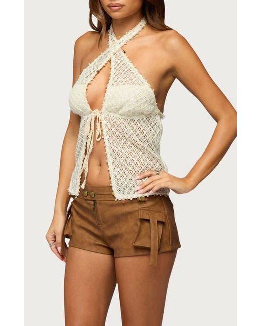 Edikted Brown Sheer Net Sequin Split Front Top