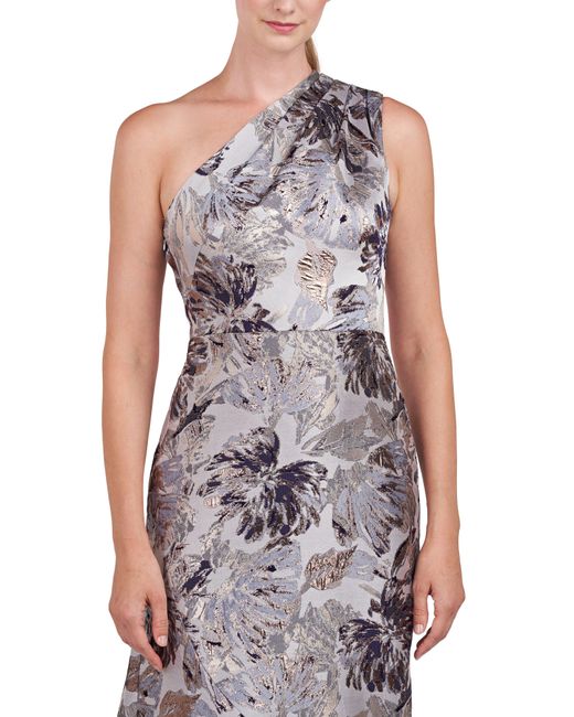 Kay Unger Purple Gianella Floral Metallic One Shoulder Gown
