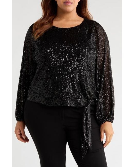 Tahari Black Sequin Tie Hem Top