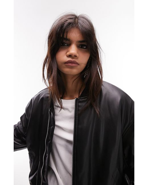 TOPSHOP Gray Faux Leather Crop Bomber Jacket