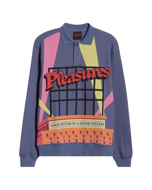Pleasures Blue Spotlight Print Long Sleeve Cotton Waffle Knit Polo for men