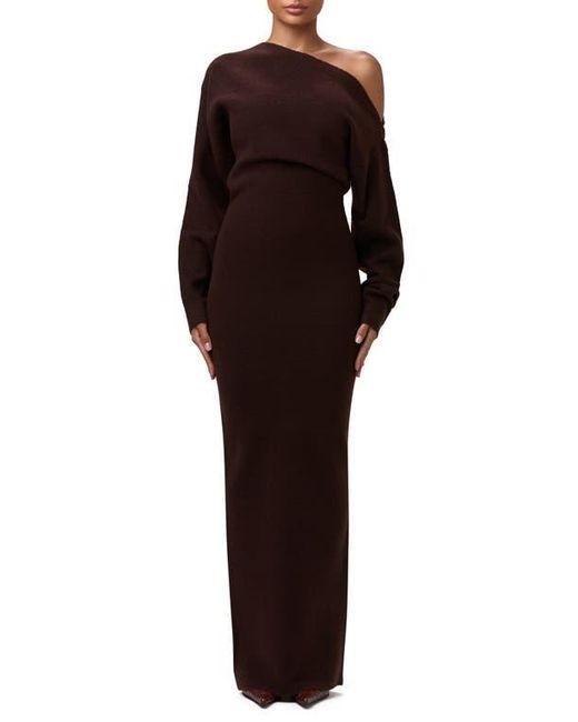 Naked Wardrobe Brown One-Shoulder Long Sleeve Maxi Sweater Dress