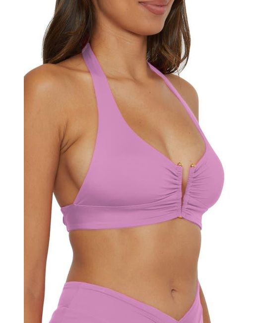 Becca Purple Shirred V-Wire Halter Bikini Top