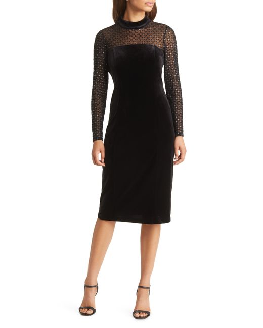 Eliza J Beaded Yoke Mixed Media Long Sleeve Sheath Dress in Black Lyst