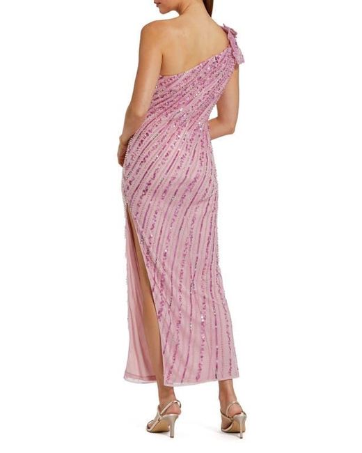 Mac Duggal 3D Flower Detail One Shoulder Beaded Mesh Gown in