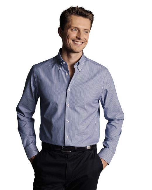 Charles Tyrwhitt Blue Stripe Non-iron Button-down Oxford Slim Fit Shirt Single Cuff for men