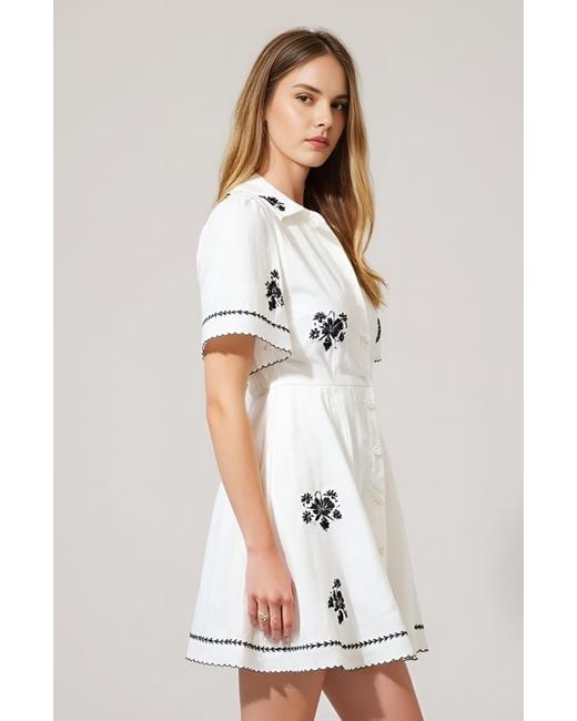 Modenaire White Scalloped Trim Short-Sleeve Button-Front Embroidered Shirt Dress