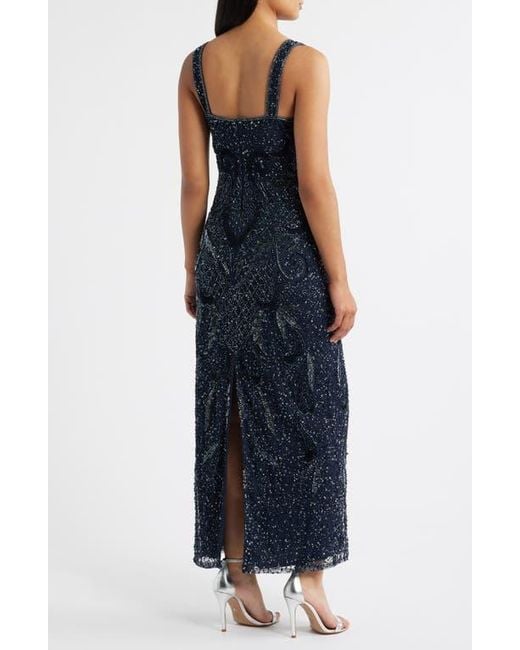 Pisarro Nights Blue Beaded Sequin Embellished Mesh Column Gown With Jacket