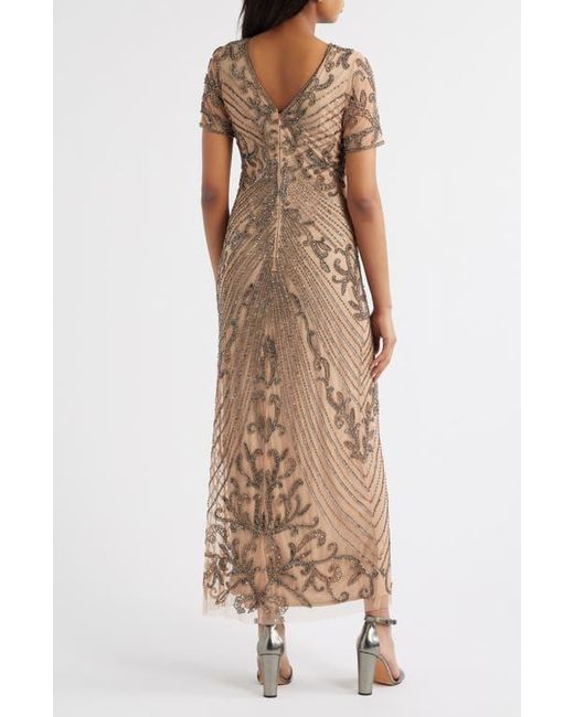 Pisarro Nights Brown Illusion Beaded Mesh Column Gown