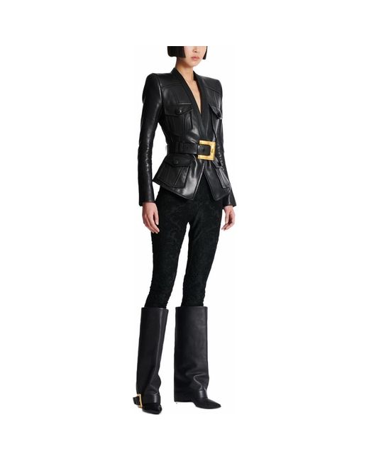 Balmain Black 1-Button Belted Leather Jacket