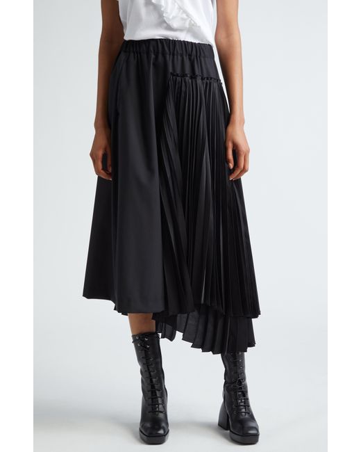 Noir Kei Ninomiya Black Pleated Satin Inset Wool Skirt