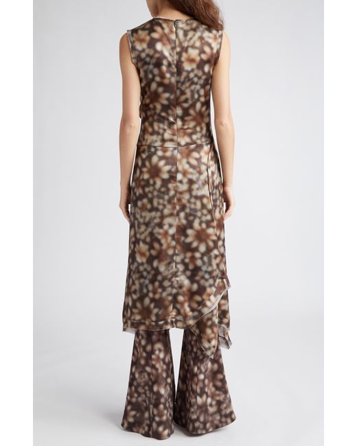 Acne Brown Difella Blurred Flower Satin Midi Dress