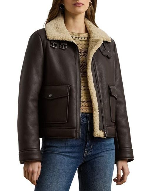 Ralph Lauren Women's Black Faux Leather Faux Shearling Bomber Jacket
