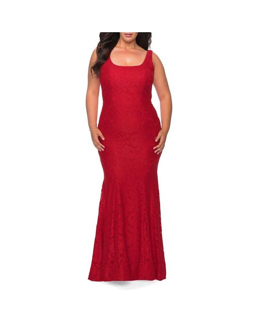 La Femme Red Stretch Lace Plus Size Gown With Beading