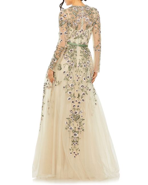 Mac Duggal Natural Embellished Floral Long Sleeve Gown
