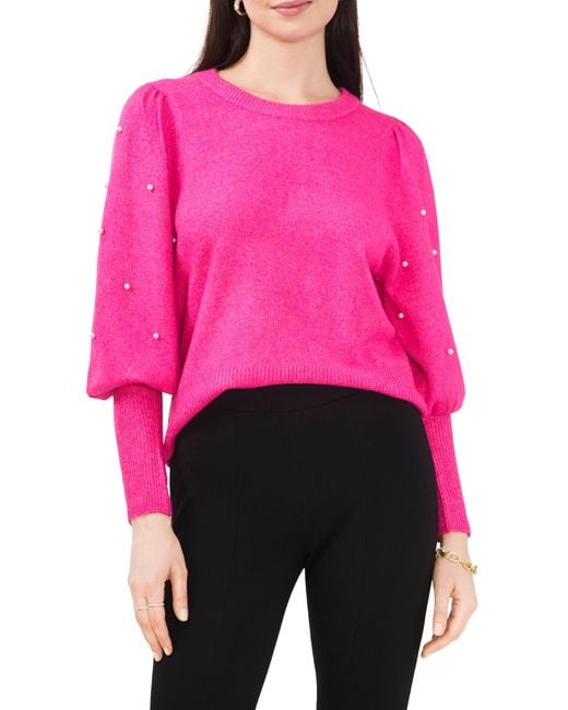 Chaus Pink Imitation Pearl Juliet Sleeve Sweater