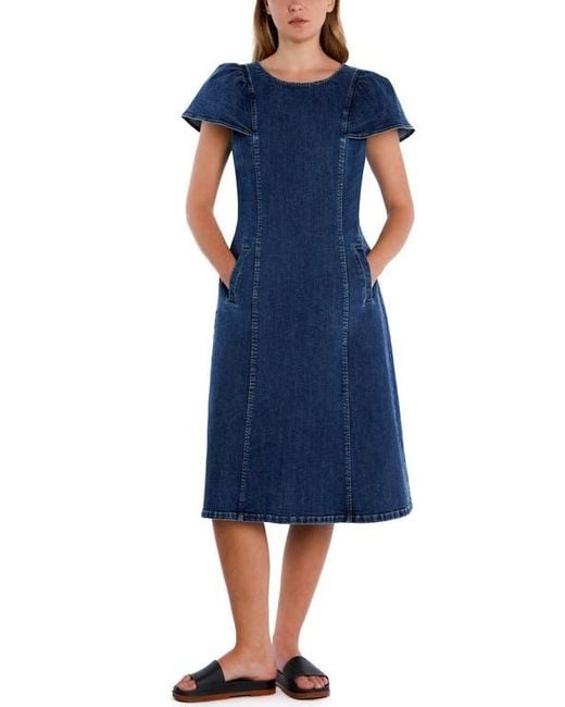 Wash Lab Denim Flutter Sleeve Denim Midi Dress in Blue | Lyst