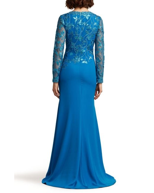 Tadashi Shoji Blue Sequin Lace Long Sleeve Crepe Gown