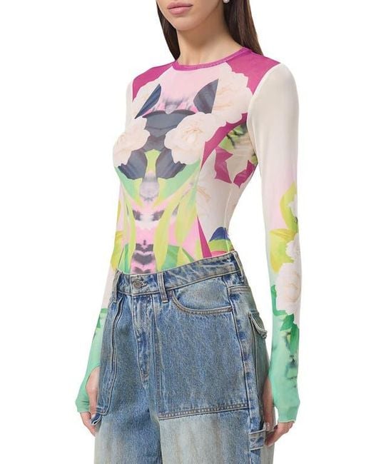 AFRM Blue Kaylee Print Sheer Mesh Top