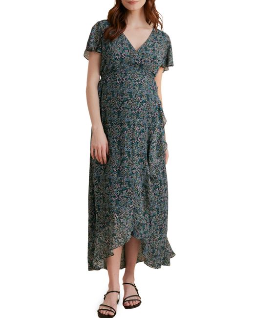 A Pea In The Pod Green Floral Faux Wrap Maternity Dress
