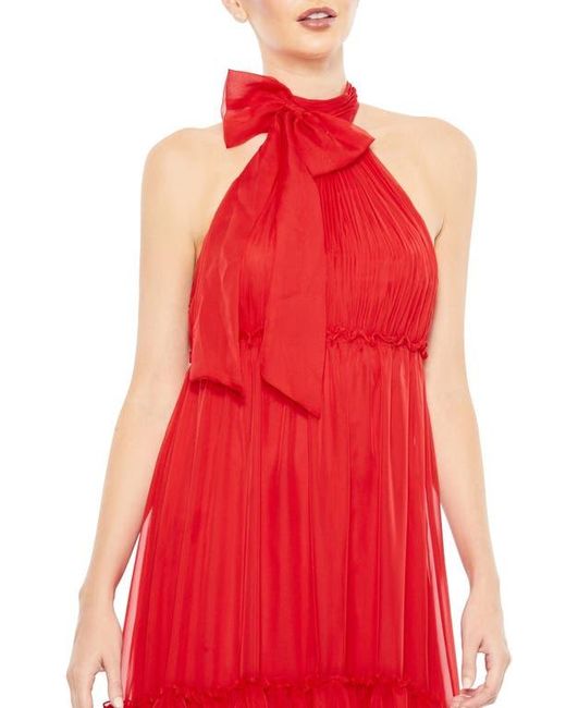 Mac Duggal Ruched Tiered High Neck Bow A Line Gown