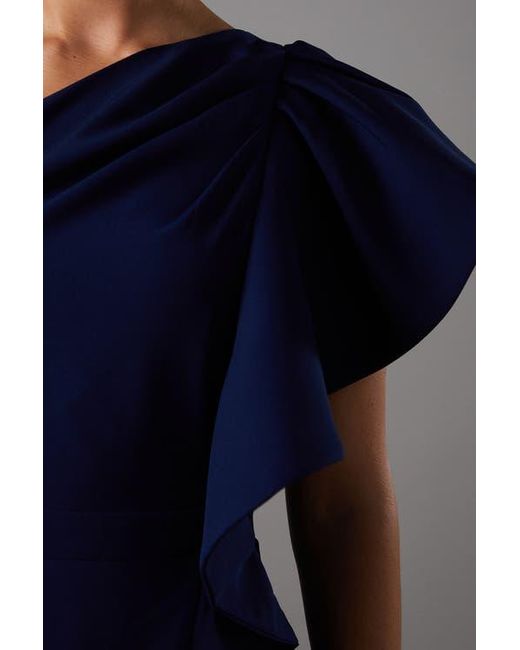 Coast Blue One Shoulder Crepe Ruffle Midi Dress