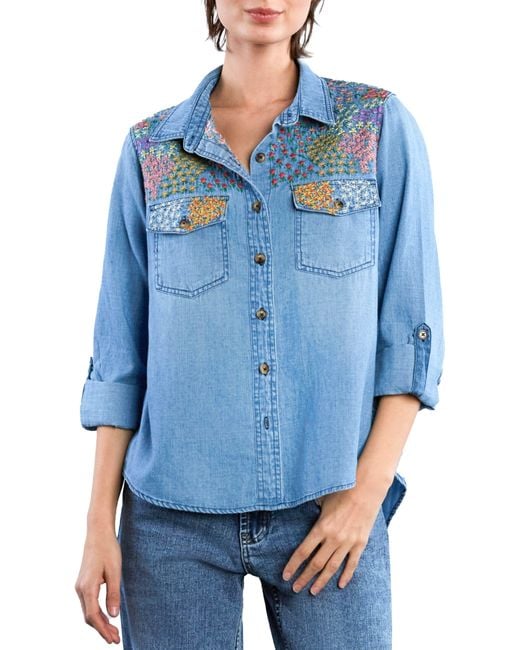 BILLY T Blue Flower Patch Embroidered Button-Up Shirt