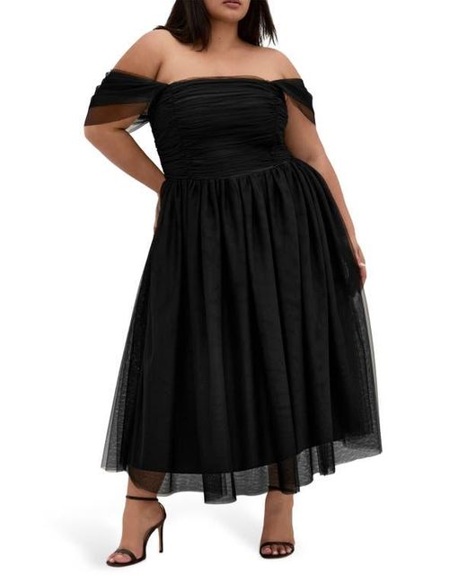 City Chic Black Lulu Off The Shoulder Tulle Midi Dress