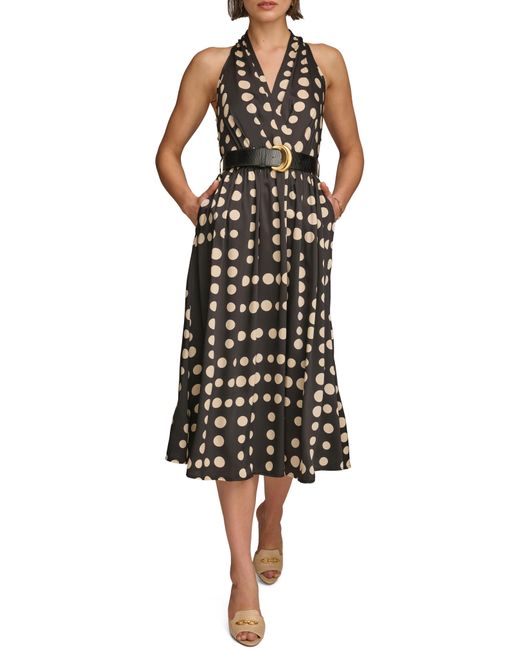 Donna Karan Black Polka Dot Belted Midi Dress
