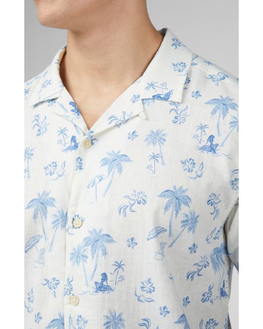 Ben Sherman Blue Resort Tropical Print Linen & Cotton Camp Shirt for men