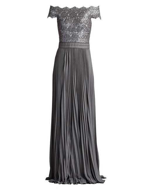 Tadashi Shoji Black Off The Shoulder Sequin Lace Pleated Gown