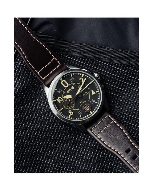 AVI-8 Black Spitfire Lock Midnight Oak Dial Chronograph Leather Strap Watch, 42Mm for men