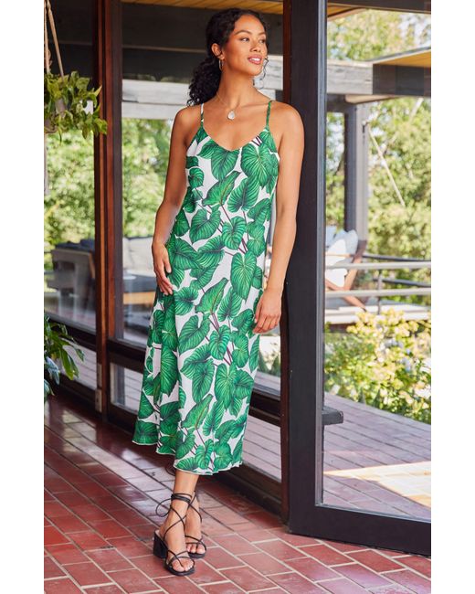 Karen Kane Green Palm Print Bias Cut Linen Midi Dress