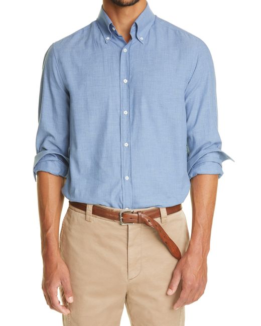 Brunello Cucinelli Blue Regular Fit Tonal Chevron Cotton Button-down Shirt for men
