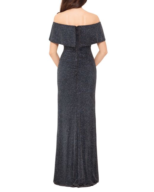 xscape off the shoulder glitter gown