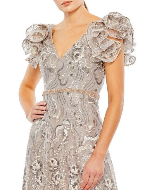 Mac Duggal Natural Beaded Floral Ruffle Sleeve A-line Dress