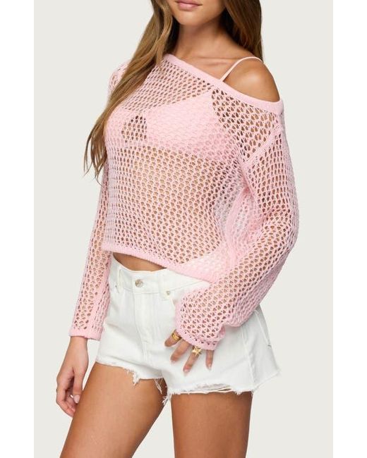 Edikted Pink Inara Off-The-Shoulder Long Sleeve Mesh Top