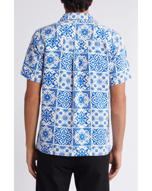 Les Deux Blue Tile Print Cotton Camp Shirt for men