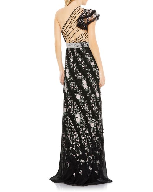 Mac Duggal Black Floral Embroidered Ruffle One-shoulder Gown
