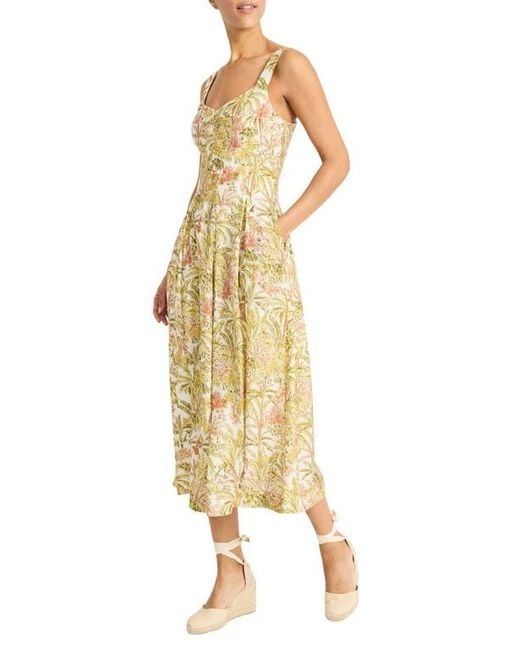 Maggy London Yellow Palm Print Empire Waist Fit & Flare Midi Dress