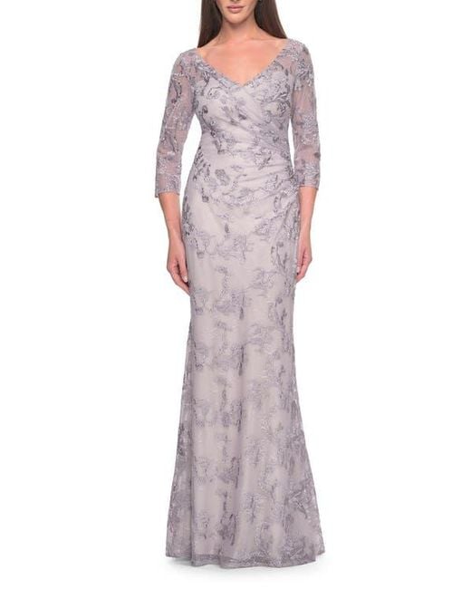 La Femme Purple Pastel Lace Mother Of The Bride Gown With Three Quarter Sleeves