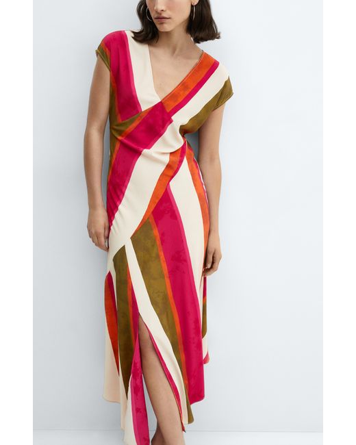 Mango Red Cherry Stripe Asymmetric Hem Midi Dress