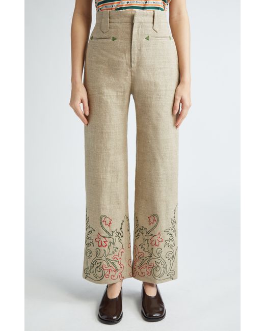 Bode Natural Embroidered Trumpetflower Linen Pants